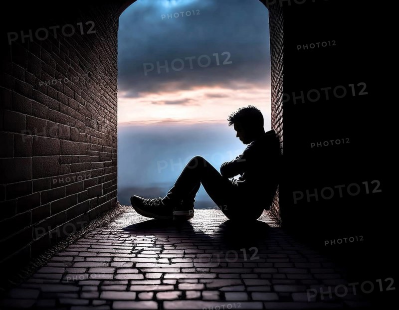 Silhouette of a person sitting alone within a brick archway, observing a peaceful and scenic cloudy horizon, evoking feelings of solitude, introspection, and calmness, AI generated