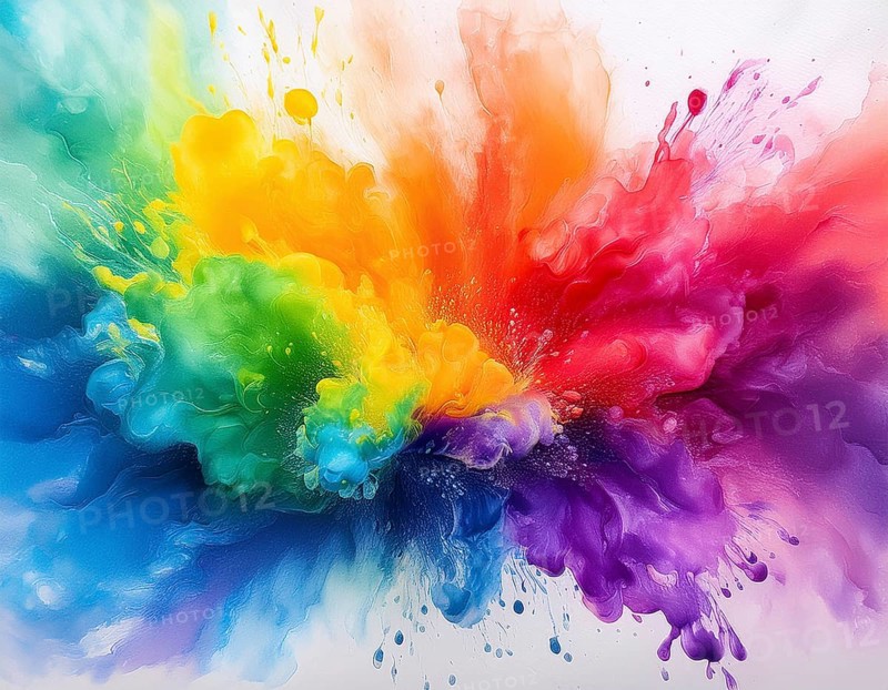 Colorful abstract art depicting a vibrant explosion of rainbow hues on a white background, evoking creativity and artistic expression, AI generated