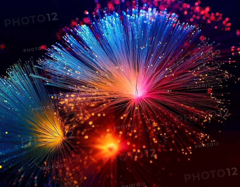 Glowing fiber-optic lights in vivid colors, creating a futuristic and dynamic visual effect, ideal for technology, AI generated