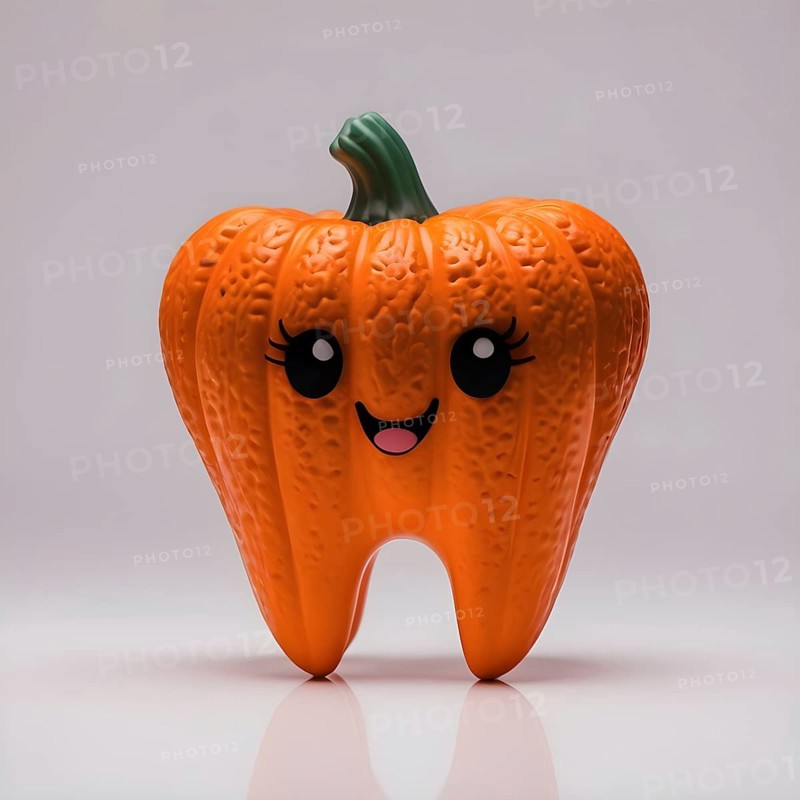 Isolated pumpkin tooth features a cheerful smiley face, perfect for Halloween festivities. Its vibrant orange color and playful design add a whimsical touch to seasonal decor. AI generated