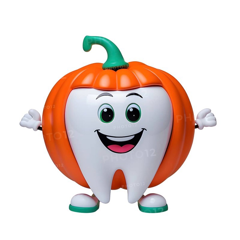 A cartoon tooth character dressed as a pumpkin with a friendly smile and open arms. AI generated