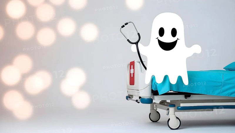 Playful ghost cartoon with a stethoscope sits on a hospital bed with blue sheets. AI generated
