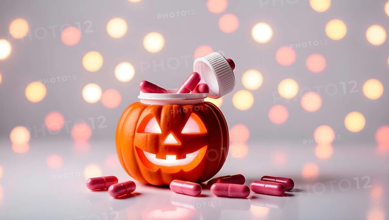 A jack o lantern shaped bottle sits on a smooth surface, overflowing with pink pills. Soft, warm lights create a festive atmosphere, highlighting the unique design and vibrant colors of the scene. AI generated