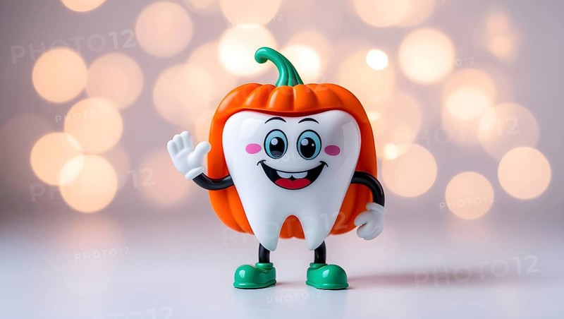 A white cartoon tooth character with a smiley face, arms, and legs, dressed as an orange pumpkin, smiling and waving with a bokeh background. AI generated