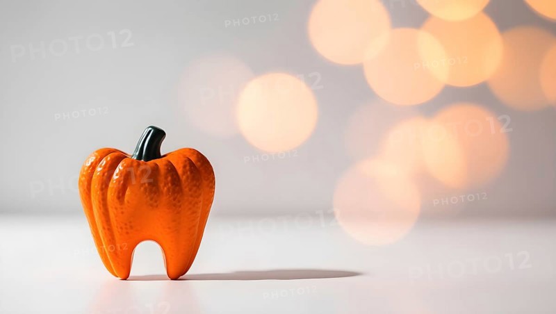 This festive piece features an orange pumpkin-shaped tooth set against a neutral background, illuminated by warm, blurred lights, perfect for a Halloween dental theme. AI generated