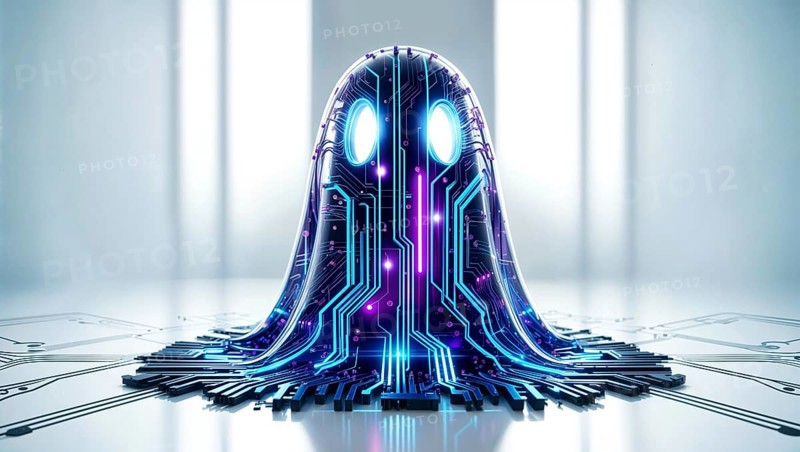 A futuristic ghost with a glowing circuit pattern on a circuit board in a white room. AI generated
