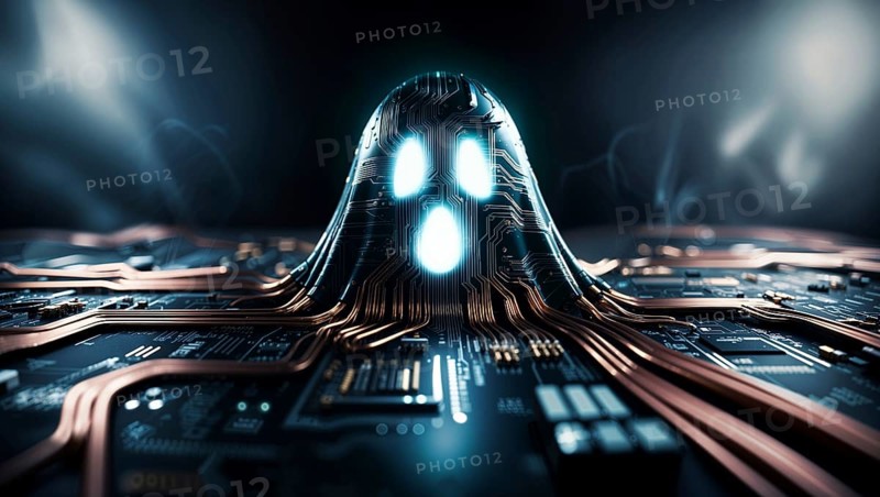 A blue-glowing circuit ghost with bright eyes on a computer hardware against a dark background. AI generated
