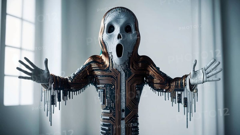 Humanoid ghost with a circuit design and outstretched arms in a light setting. AI generated
