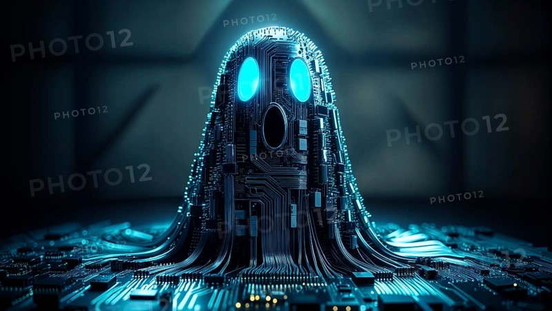 A glowing blue ghost with a circuit-like appearance on a hardware circuit board against dark background. AI generated