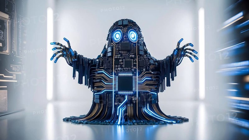 A cyber ghost made of circuit board materials stands in a modern server room. Its glowing blue features give a haunting yet technological appearance. AI generated