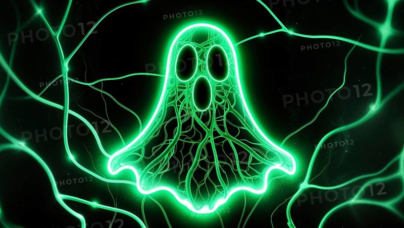 A glowing neon green ghost surrounded by connecting wires against a dark background, creating an eerie atmosphere. AI generated
