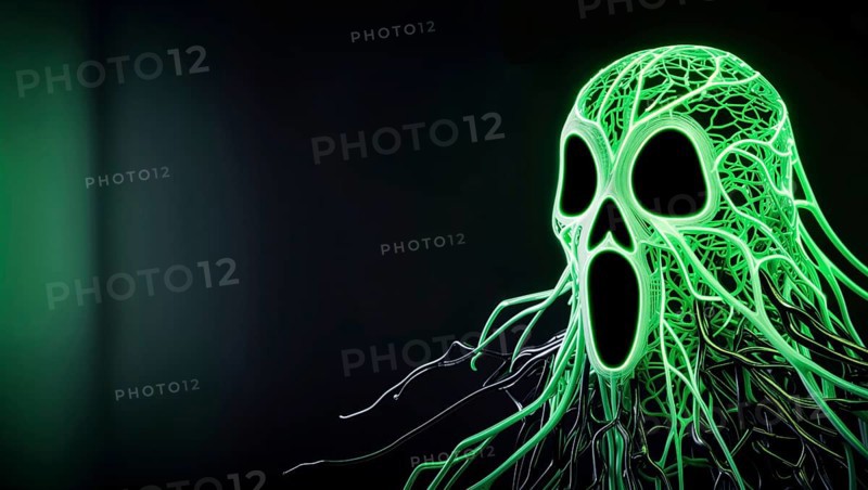 Ghost figure made of black and neon green wires against dark background with space for text. AI generated