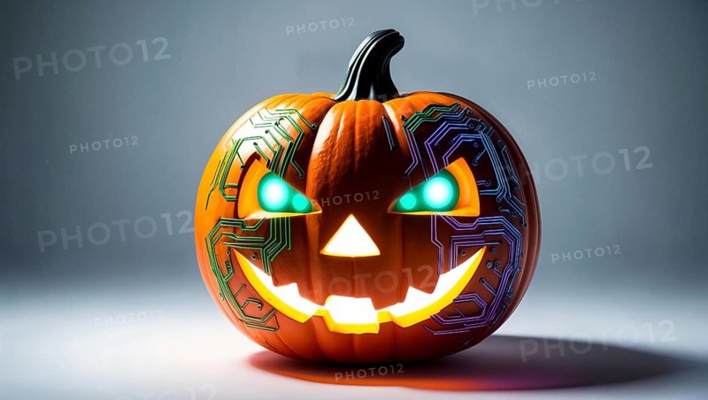 A glowing jack-o-lantern with a circuit design on its surface. AI generated