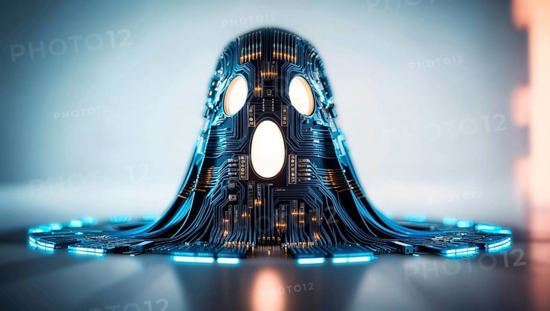 A circuit patterned ghost glowing in blue on a light background. AI generated