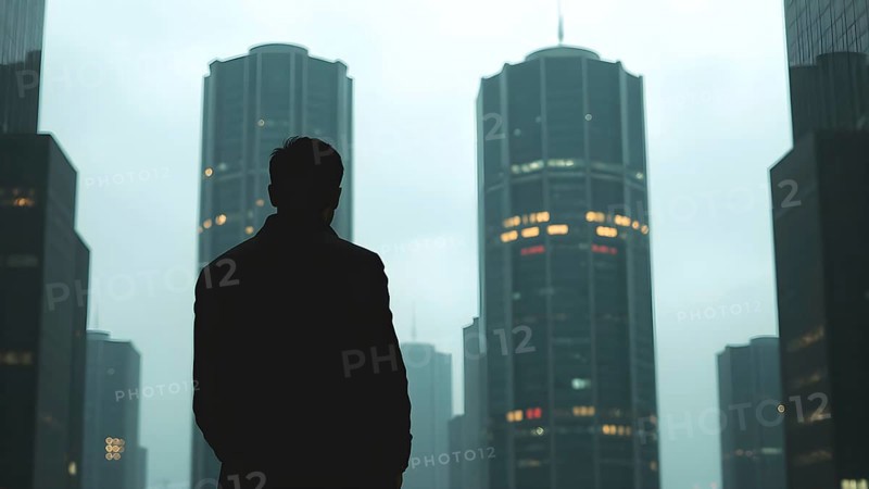 Man silhouette with modern cityscape art print, symbolizing reflection, ambition, and journeys within urban life, AI generated