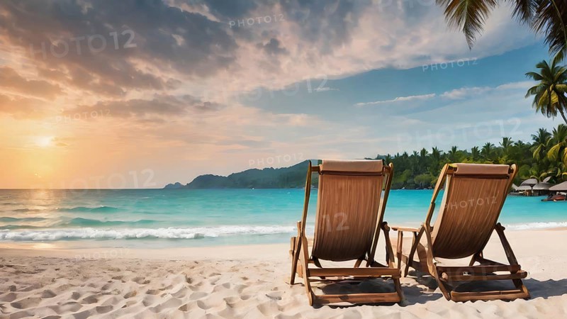 Pair of beach chairs seaside art print, holiday concept poster symbolizing companionship, relaxation, and ocean tranquility, AI generated