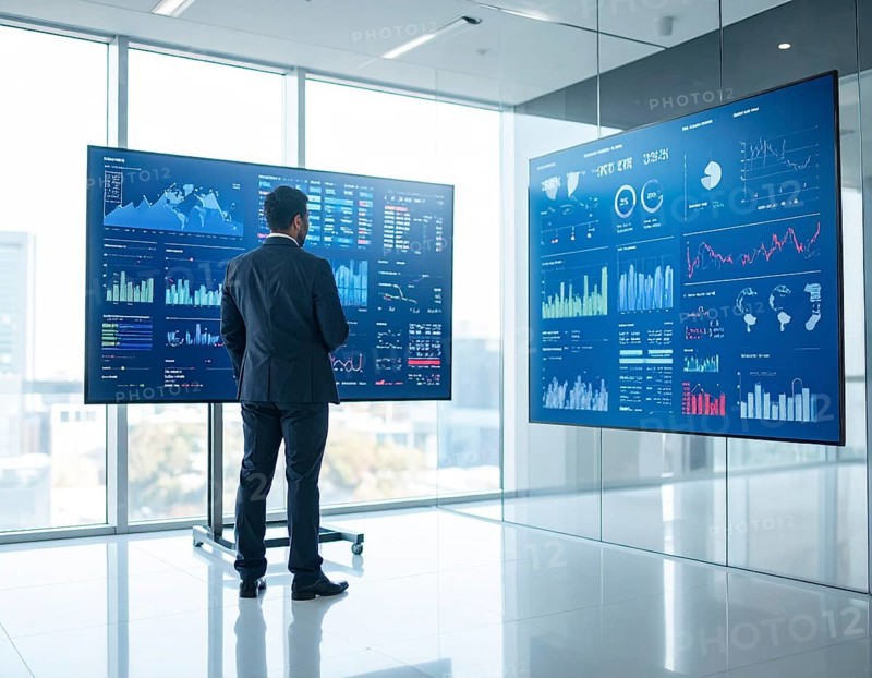 A businessman reviewing financial data on digital screen, representing investment planning, corporate growth, and strategic success, AI generated