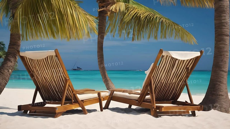 Pair of beach chairs seaside art print, holiday concept poster symbolizing companionship, relaxation, and ocean tranquility, AI generated
