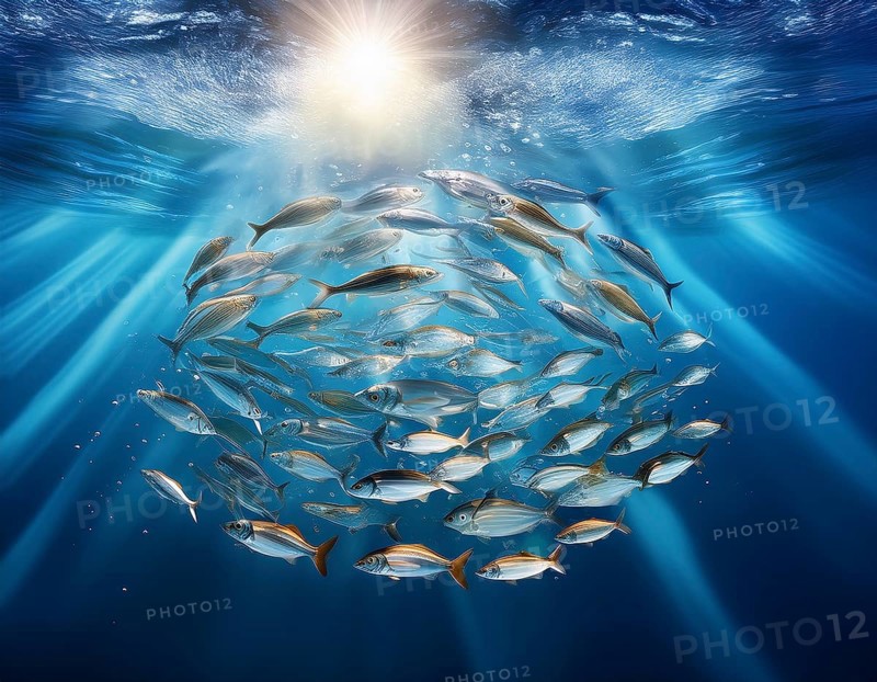 Vivid underwater view of a fish school forming a natural pattern in clear blue ocean water, illuminated by sunlight streaming from above. A peaceful and mesmerizing aquatic scene showcasing marine biodiversity, AI generated