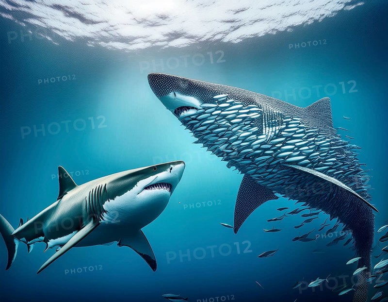 Dramatic underwater depiction of a shark observing a dense school of fish in clear, light-filled ocean waters, portraying marine life interaction and illustrating an ecosystem moment, AI generated