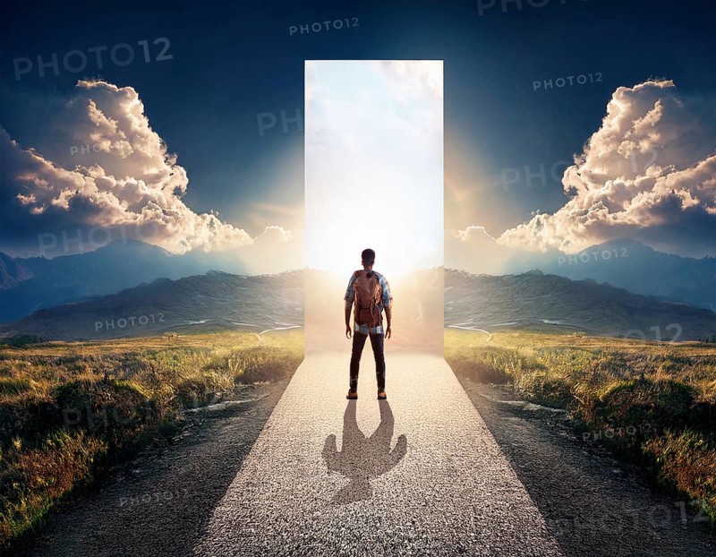 Concept Spirituality, Afterlife, Light Energy, Transcendence, Reality. Soul transcends through light portal exploring afterlife and spirituality, AI generated
