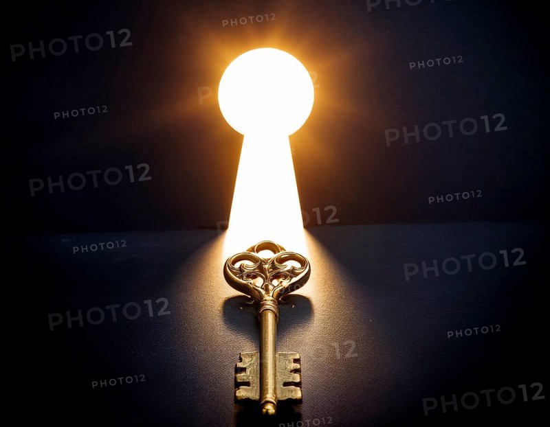 An antique key, leading to a bright light in a keyhole shape, symbolizing opportunity, access, and unlocking potential, AI generated