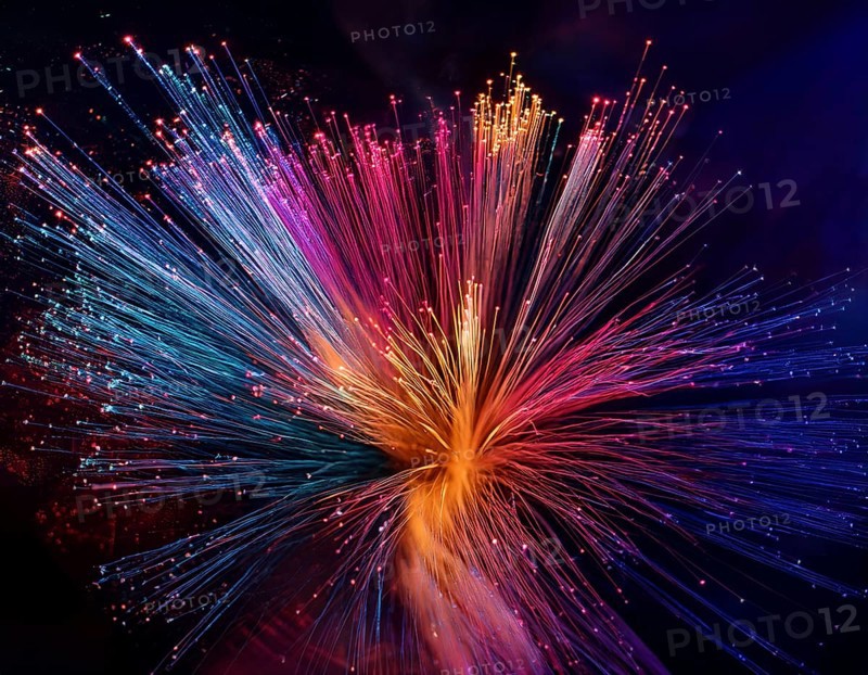 Glowing fiber-optic lights in vivid colors, creating a futuristic and dynamic visual effect, ideal for technology, AI generated