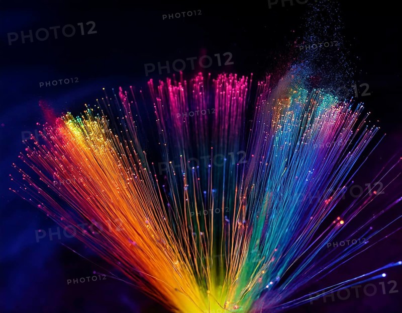 Glowing fiber-optic lights in vivid colors, creating a futuristic and dynamic visual effect, ideal for technology, AI generated