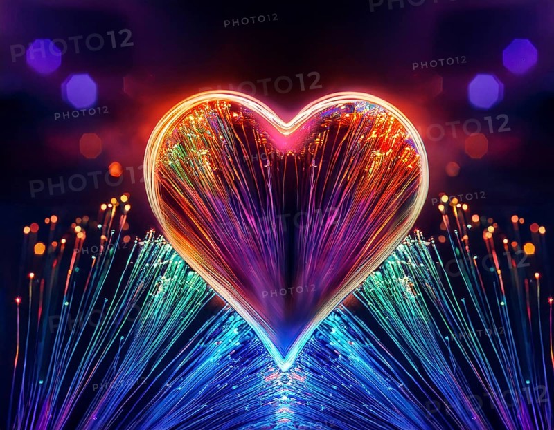 Colorful artistic display featuring vibrant light patterns shaped like a heart, expressing love and creativity through illuminated fibers in a mesmerizing spectrum of rainbow hues, AI generated