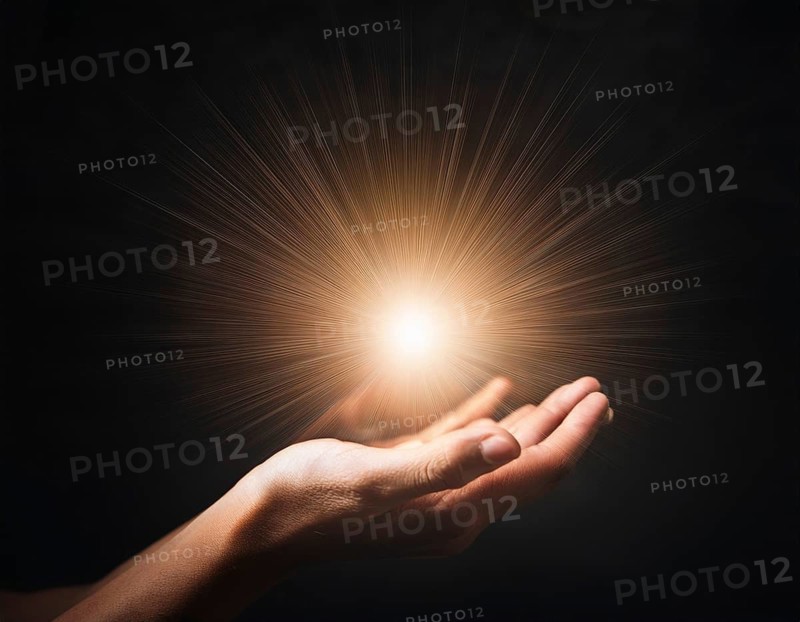 Image of open hand embracing a radiant light source, embodying concepts of hope, spirituality, and inspiration. Features strong symbolism and evocative atmosphere for spiritual, motivational, or artistic themes, AI generated