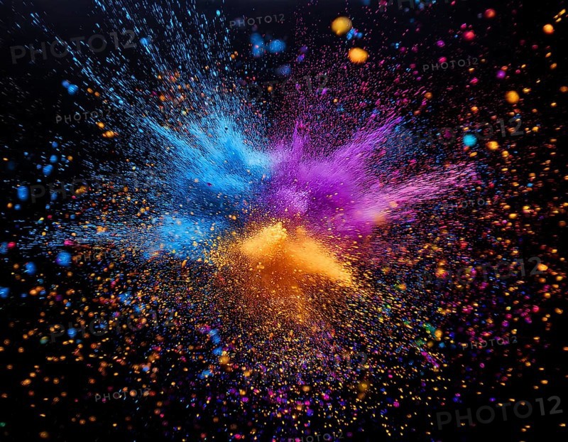 Vibrant and energetic multicolored powder explosion captured against a dark background. Evoking festival celebrations reminiscent of Holi, with dynamic motion and graphic potential for creative artistic projects, AI generated
