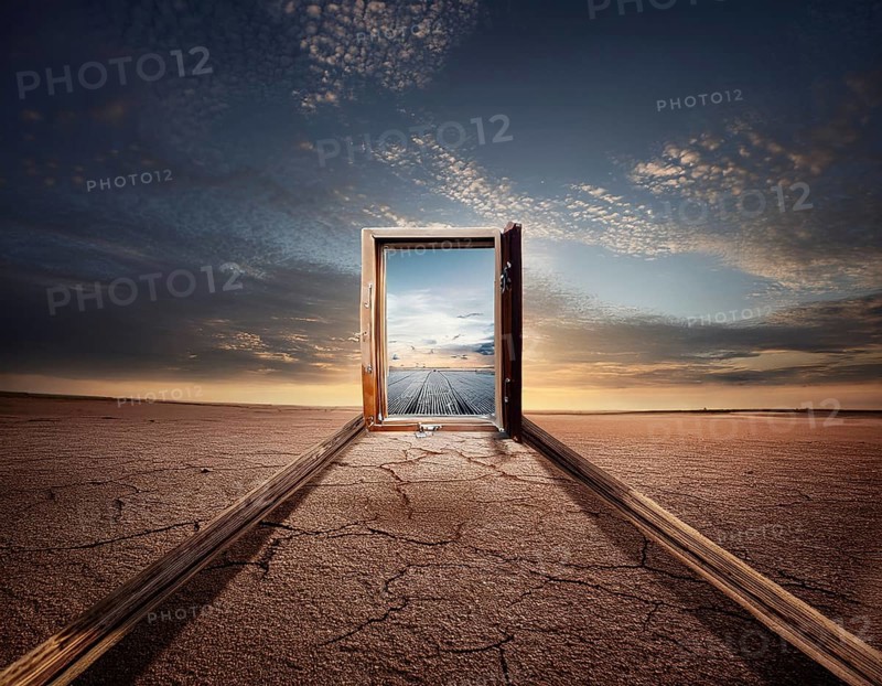 Glowing door is a portal to another world. Mysterious door with glowing light, AI generated