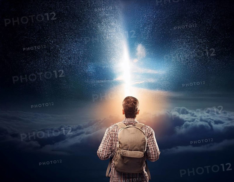 Concept Spirituality, Afterlife, Light Energy, Transcendence, Reality. Soul transcends through light portal exploring afterlife and spirituality, AI generated