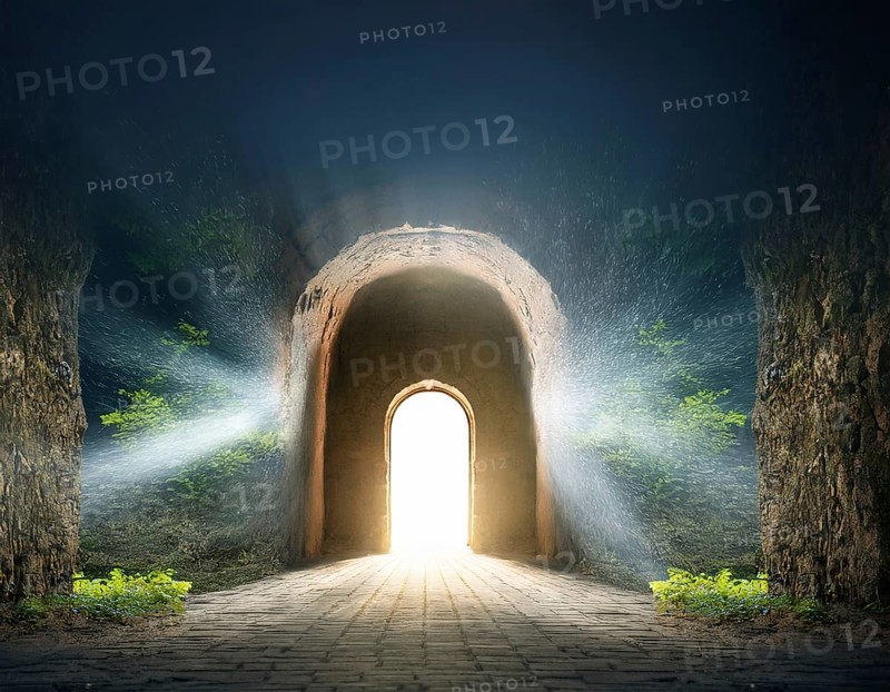 Glowing door is a portal to another world. Mysterious door with glowing light, AI generated