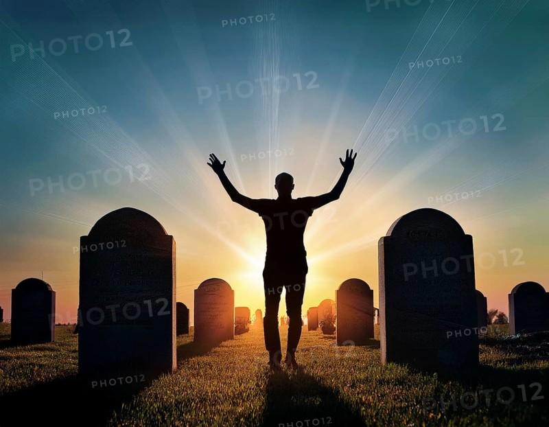 A silhouette of a lone figure walking off a gravestone, The scene evokes Resurrection thoughts emotional depth, AI generated