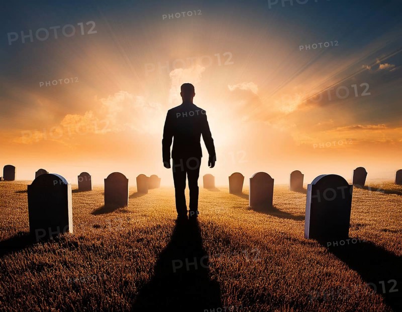 A silhouette of a lone figure walking off a gravestone, The scene evokes Resurrection thoughts emotional depth, AI generated