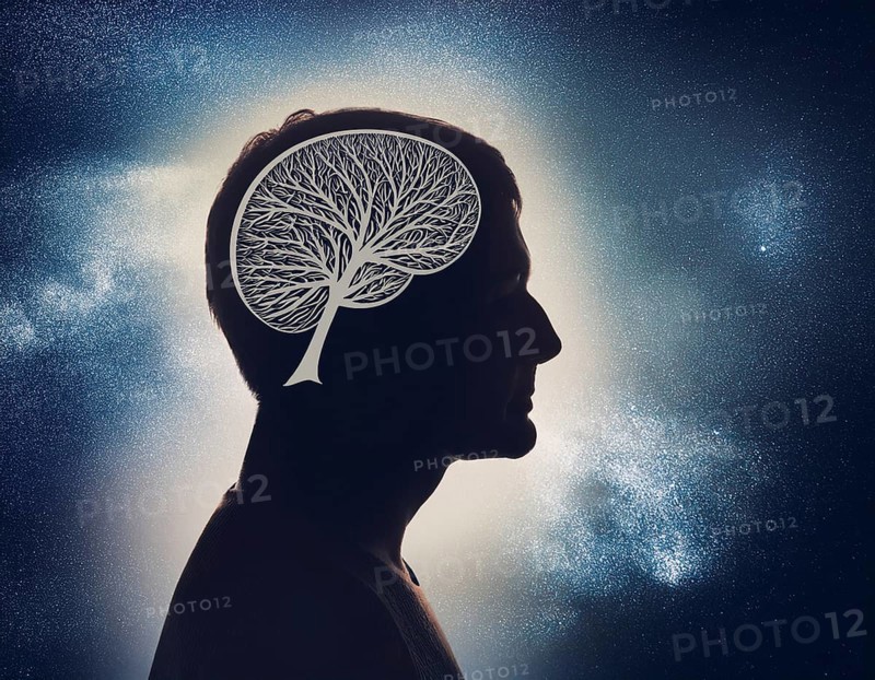A creative representation of a human head silhouette incorporating an illuminated brain. The image blends nature and intellect themes through the inclusion of a forest background during sunset, AI generated