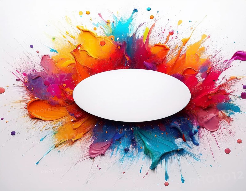 Vibrant watercolor splash in rainbow hues framing a oval white blank circle, perfect for creative designs, AI generated