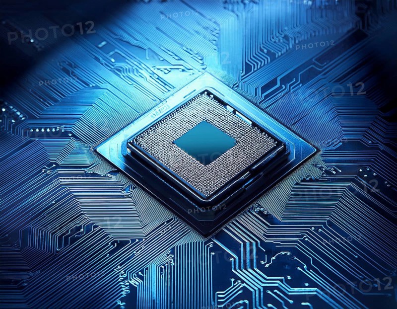 A close-up view of a glowing central processing unit on a bluish circuit board, representing technological advancements and computing innovation, AI generated
