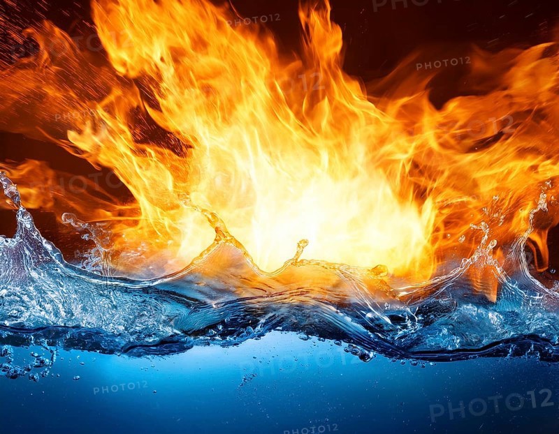 Fiery Flames and Splashing Water Collision on Black Background, AI generated