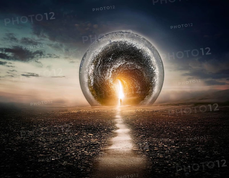 Glowing door is a portal to another world. Mysterious door with glowing light, AI generated