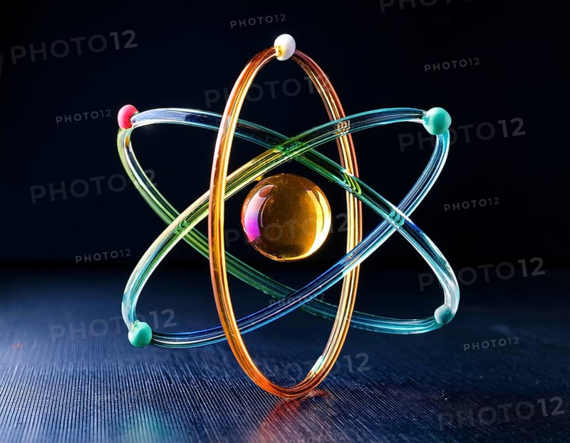 A vibrant illustration of an atomic structure with colorful spheres and connections, illuminated and set against a dark contrasting background, AI generated