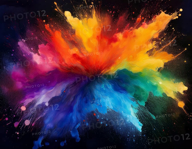Colorful abstract art depicting a vibrant explosion of rainbow hues on a dark background, evoking creativity and artistic expression, AI generated