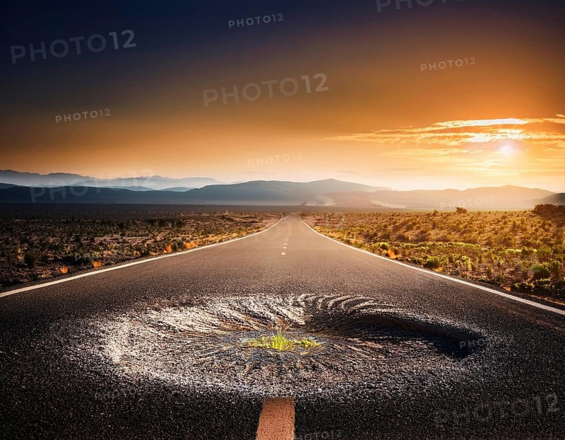 Empty asphalt road in rural landscape at sunset with dramatic clouds, AI generated