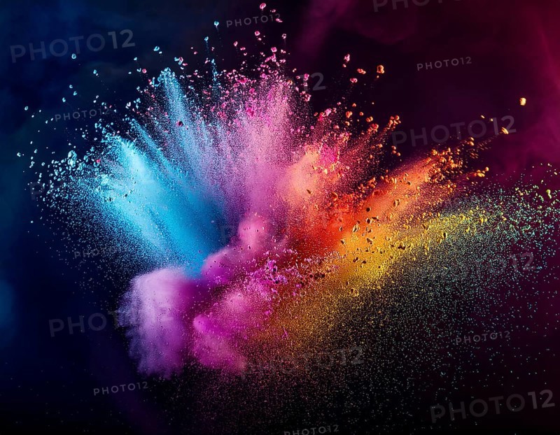 A colorful explosion powder on black background.. Multicolored powder explosion, AI generated