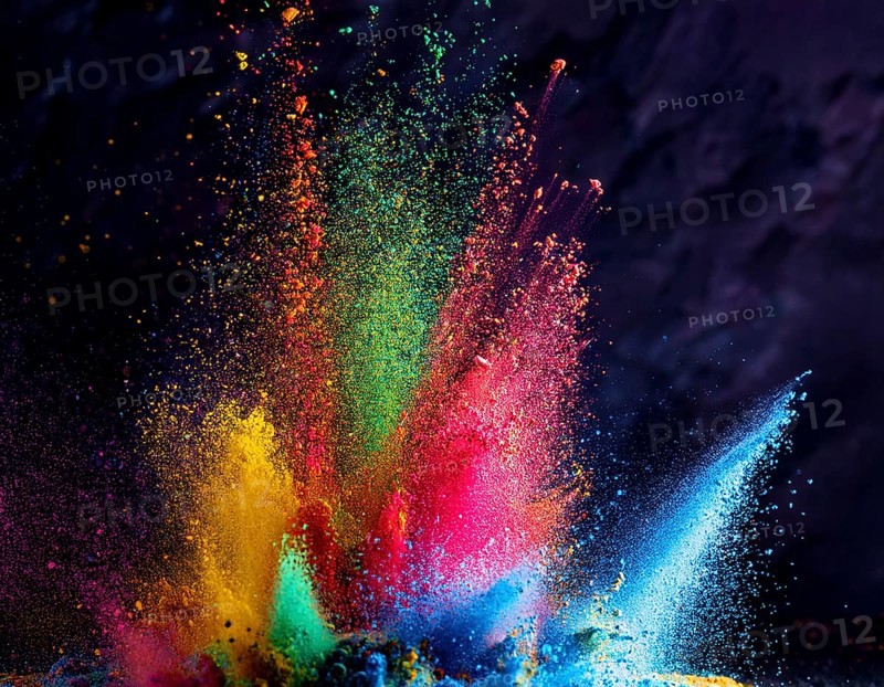 A colorful explosion powder on black background.. Multicolored powder explosion, AI generated