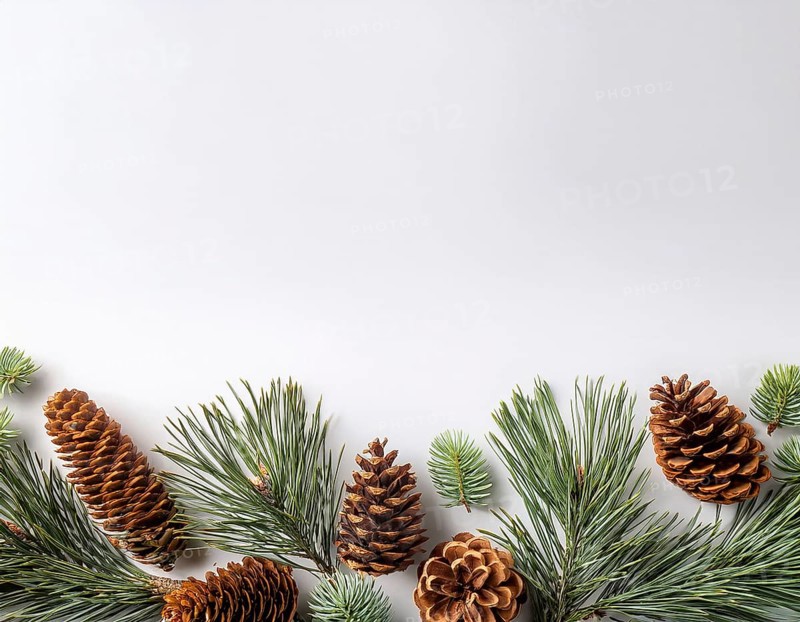 Holiday-themed flat lay with evergreen pine branches and pine cones, evoking a minimalist and festive atmosphere, perfect for winter and seasonal designs, greeting cards, or decorating ideas, AI generated