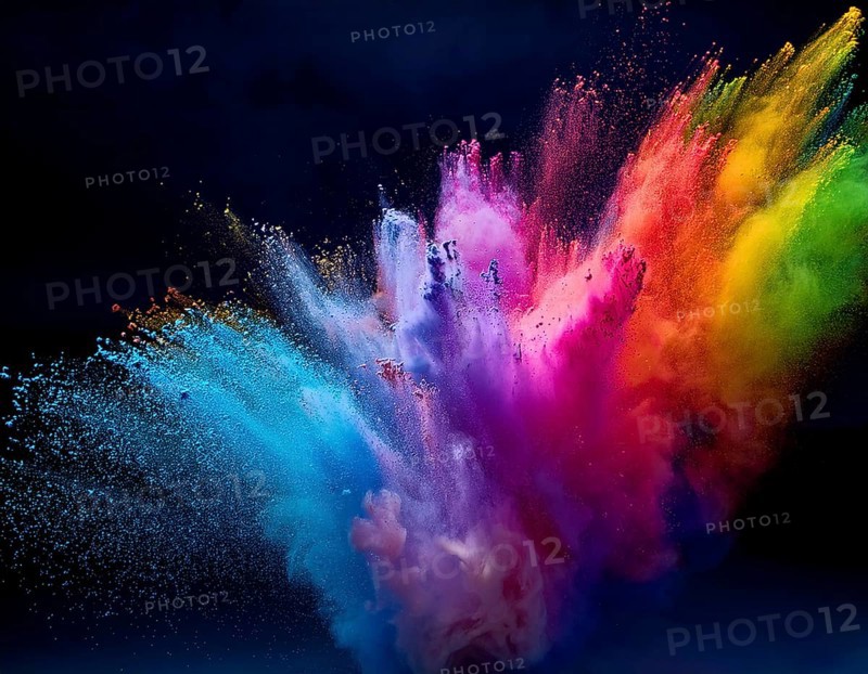 A colorful explosion powder on black background.. Multicolored powder explosion, AI generated