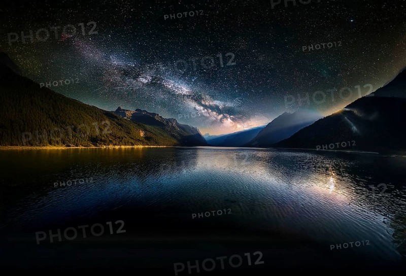 Rustic wooden platform set against a breathtaking backdrop of a star-filled night sky, featuring the vibrant Milky Way, and a serene landscape of treetops at sunset. Ideal for tranquil and natural themes, AI generated