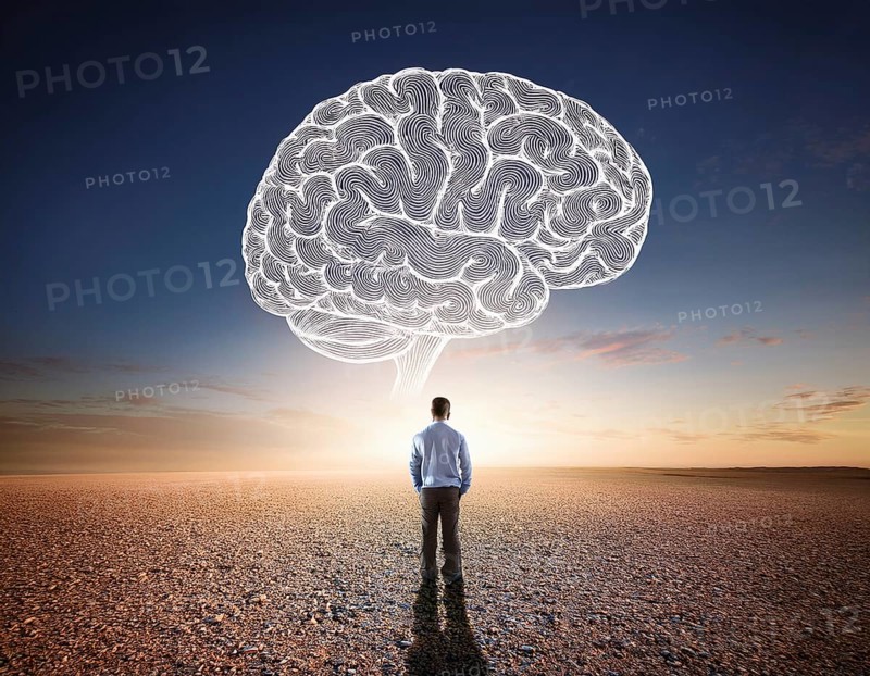 A lone figure stands before a giant brain floating in a surreal desert setting, symbolizing introspection, intelligence, and the complexity of thought, AI generated